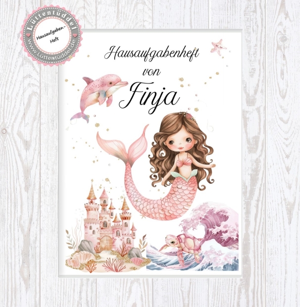 zauberhaftes Schulheft Umschlag Meerjungfrau Nixe Name Hausaufgabenheft in seperater Hochwertiger Hülle Einschulung Schulkind von Lüttentüddel®